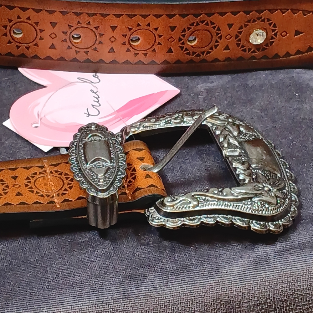 Ladies Tooled Western Belt with  Jeweled Studs And Decorative Silver Buckle